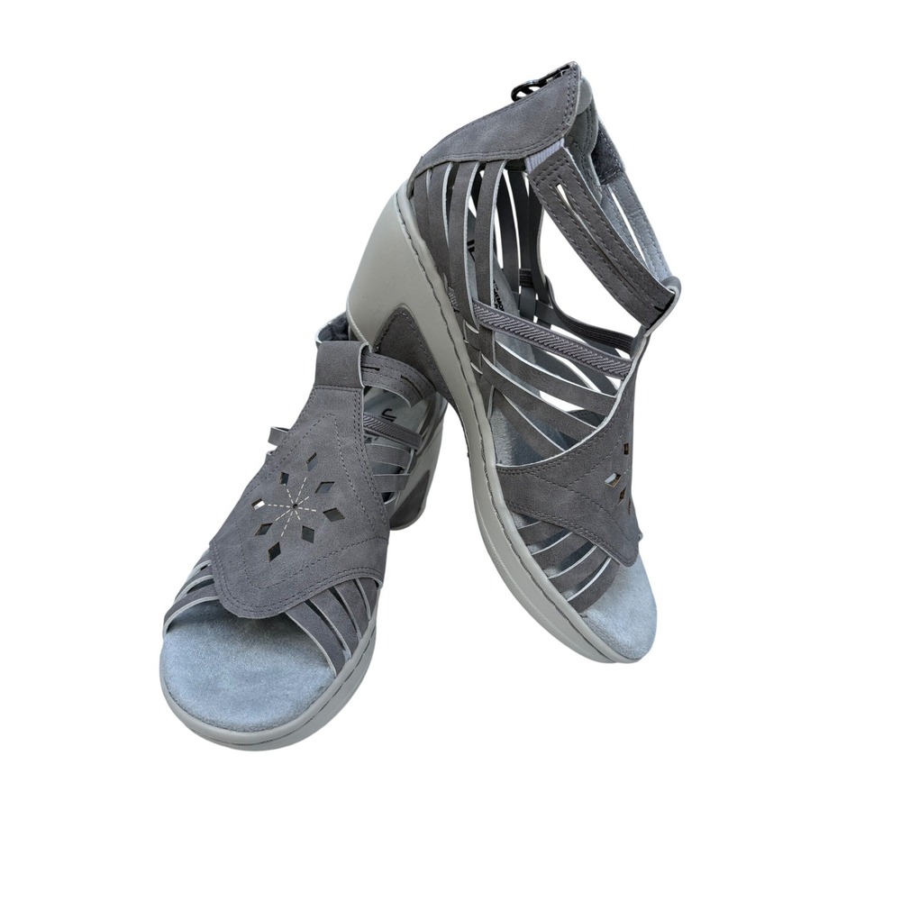 JBU Rowan Wedge Sandals Womens 7.5M Grey Laser Cut Strappy Gladiator Comfort